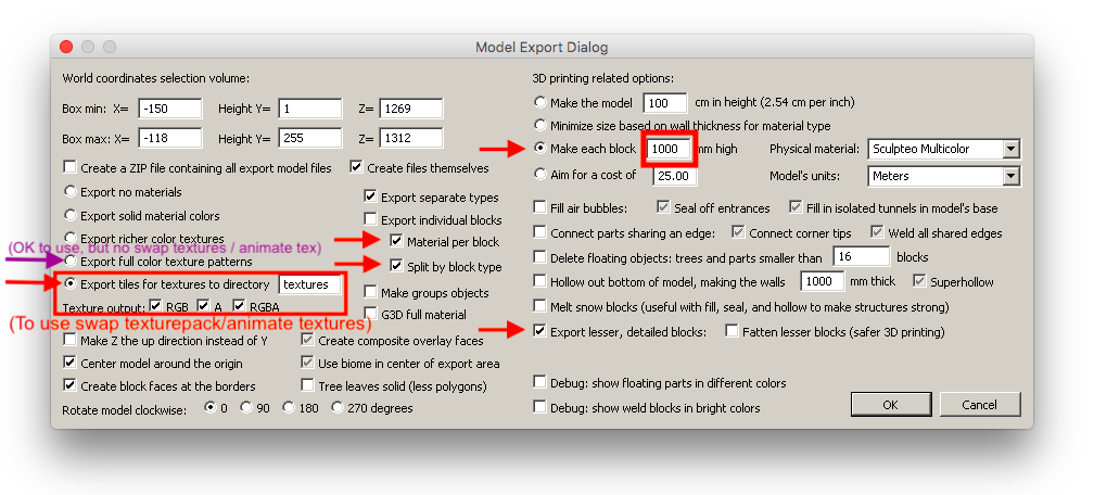 Mineways exporter settings