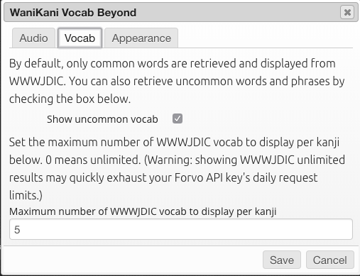 Vocab settings